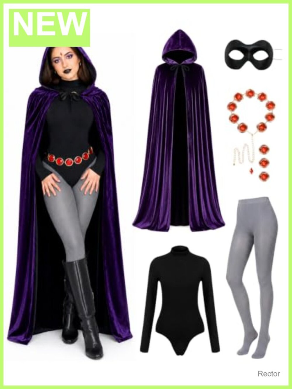 Raven Costume Women 6 Pc Cosplay Set Hooded Cloak Bodysuit Tights